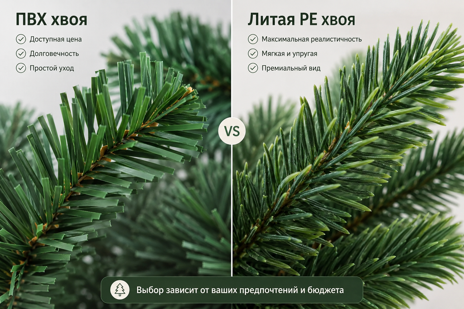Сравнение ПВХ и литой хвои искусственной елки крупным планом